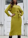 Off-The-Shoulder Long Sleeve Loose Solid Color Belted Knitting Midi Dress
