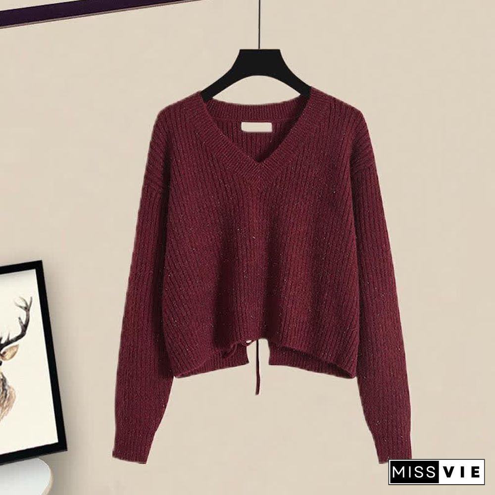 V-neck Lace Up Knit Sweater A-line Skirt Two Pieces