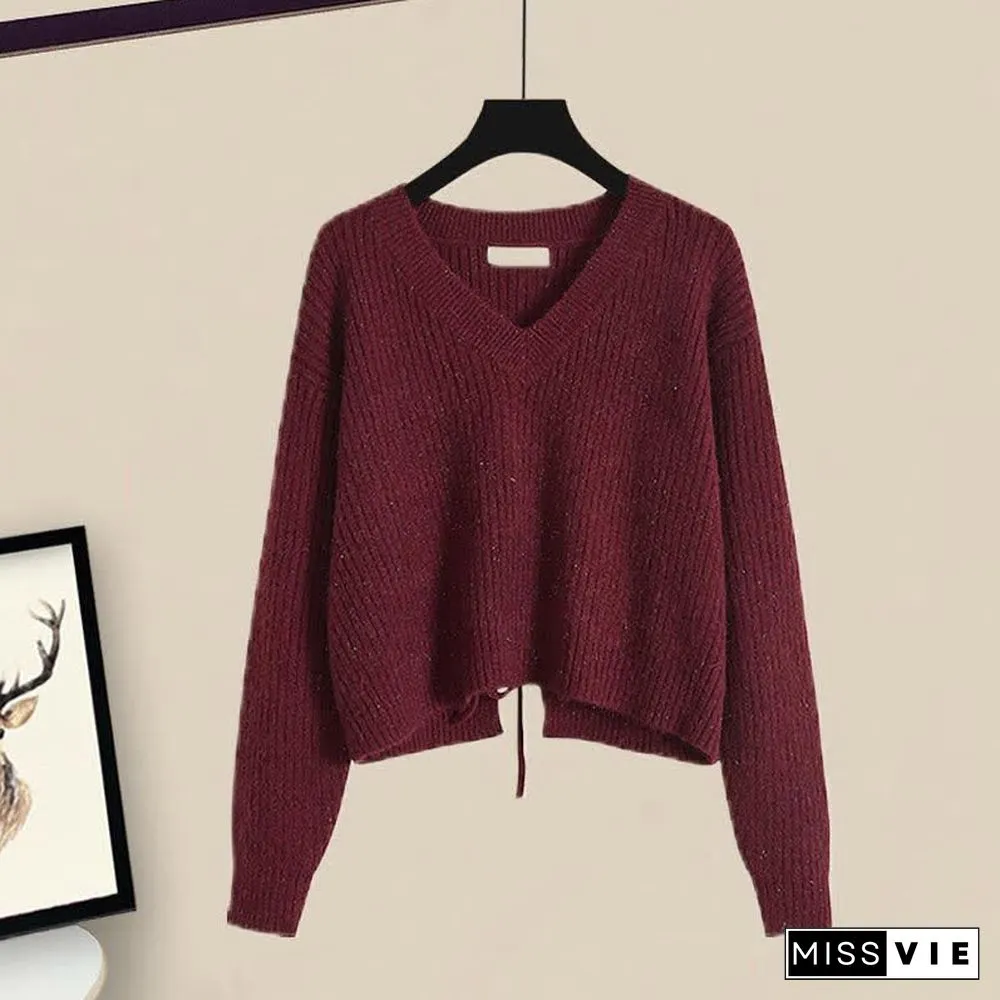 V-neck Lace Up Knit Sweater A-line Skirt Two Pieces