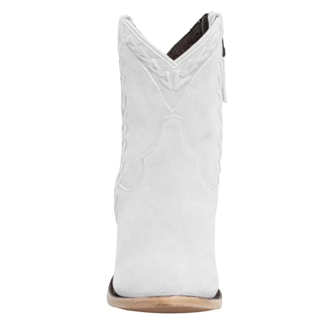 White Faux Suede Round Toe Side-Zip Pull-On Ankle Boots for Women