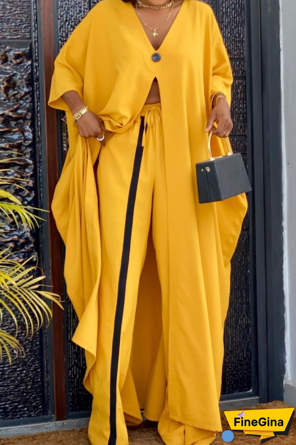 Yellow Casual Solid Patchwork V Neck Three Quarter Two Pieces