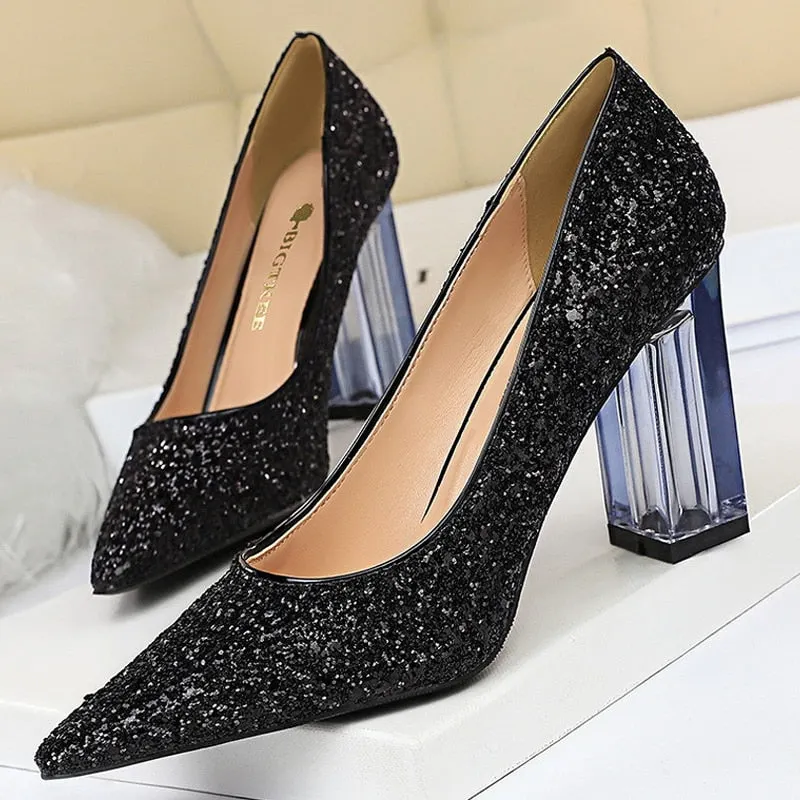 BIGTREE Shoes Transparent Heels Women Pumps Sequins Wedding Shoes Square Heels Women Shoes Crystal Heel Sexy Heeled Shoes 2021