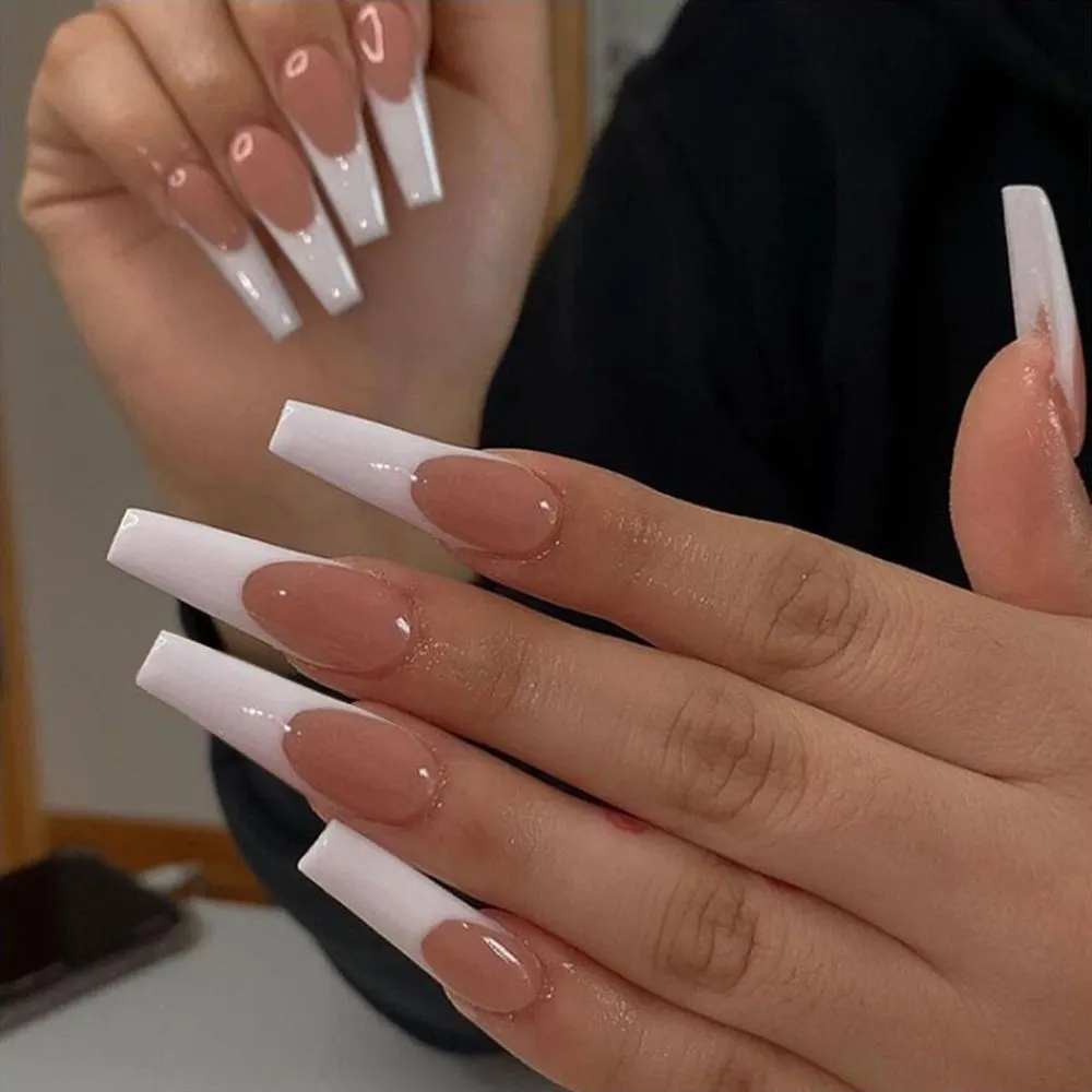 24pcs White Waves Printed False Nail Patch Glue Type Removable Long Paragraph Fashion Manicure Coffin Fake Nail Ballerina Art