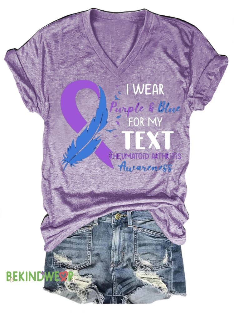 I Wear Purple and Blue for Rheumatoid Arthritis Awareness Print Casual Loose V-Neck Short Sleeve T-Shirt Purple / S
