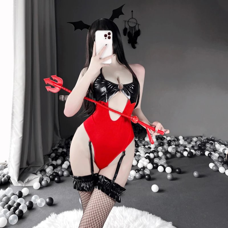 Billionm Sexy Succubus Cosplay Leather Lingerie Red Bodysuit Halter V-Neck Hollow Out Temptation Devil Comic Costumes Anime Outfit 2021