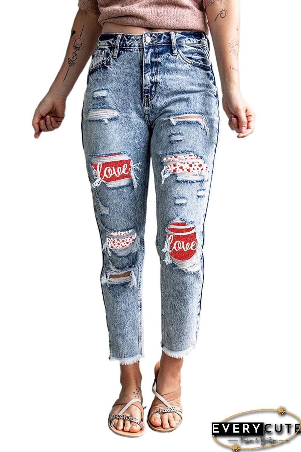 Love Heart Print Patchwork Distressed High Rise Jeans
