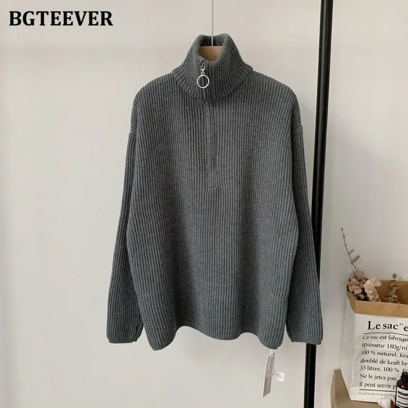 BGTEEVER Thick Turtleneck Zippers Women Sweaters Jumpers for Women 2021 Autumn Winter Loose Full Sleeve Female Knitted Pullovers