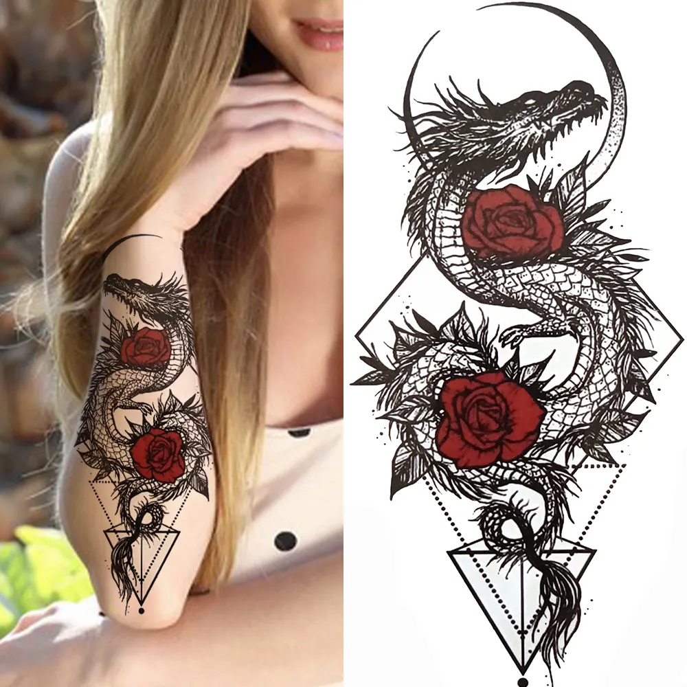 Sdrawing Lion Flower Temporary Tattoos For Women Men Kids Boy Black Tiger Skeleton Tattoo Sticker Fake Compass Tatoos Half Sleeve