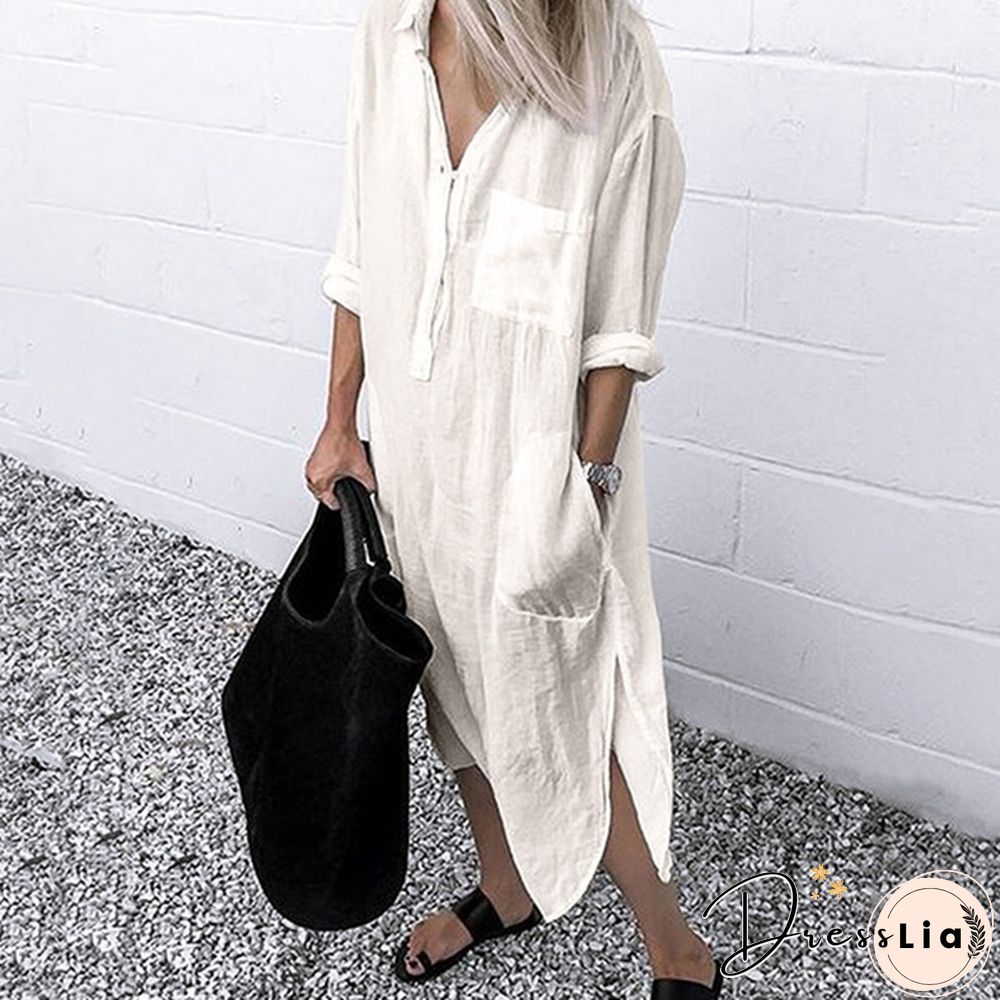 S-5XL Women Side Slit Cotton Long Dress Spring Solid Color Long Shirt Dress Kaftan Dress