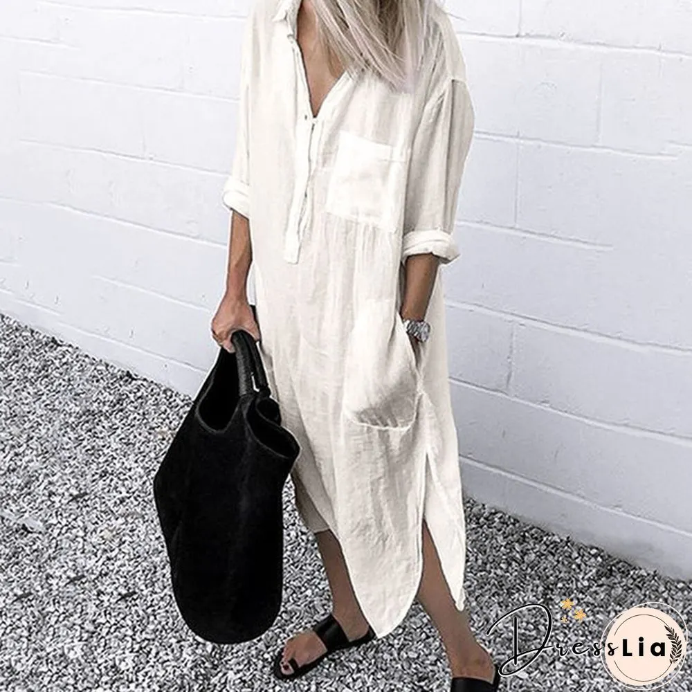 S-5XL Women Side Slit Cotton Long Dress Spring Solid Color Long Shirt Dress Kaftan Dress