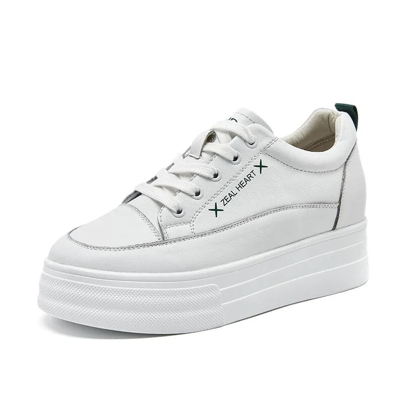 Fashion White Split Leather Women Chunky Sneakers White Shoes Lace Up Tenis Feminino Zapatos De Mujer Platform Women Casual Shoe