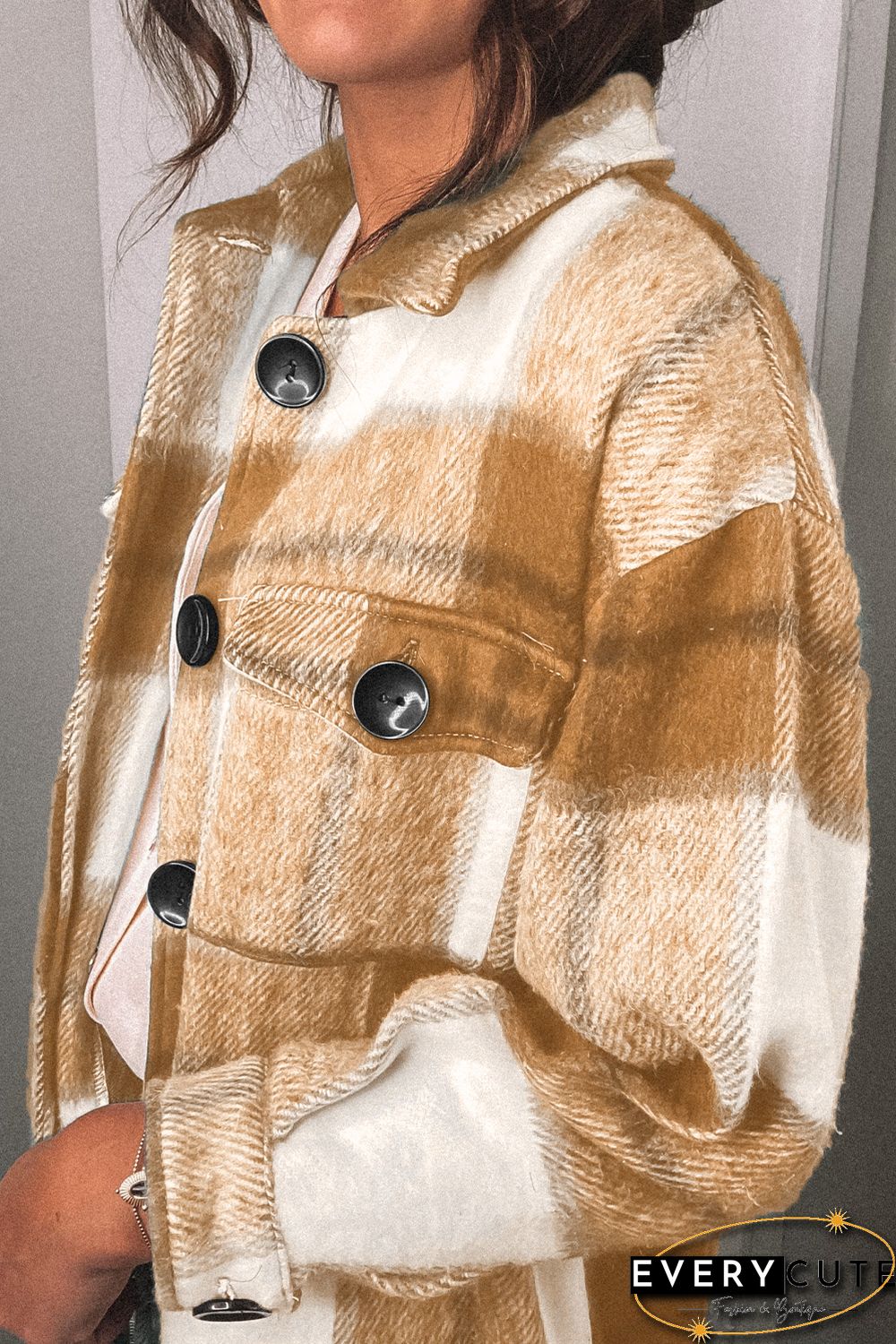 Khaki Shirt Collar Button Closure Plaid Coat
