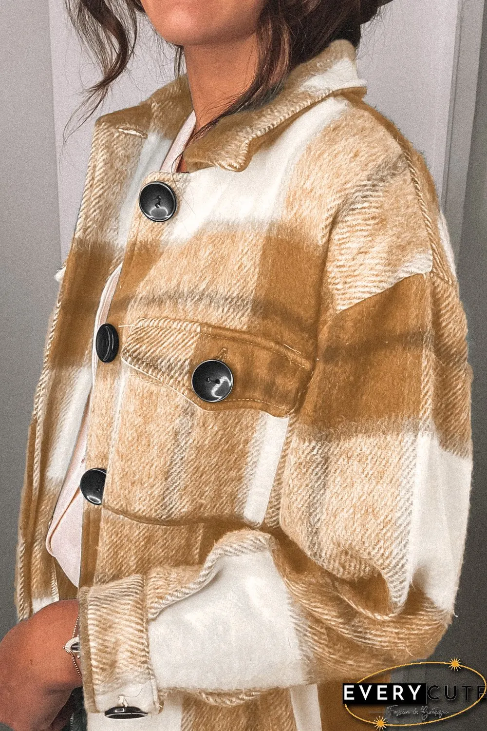 Khaki Shirt Collar Button Closure Plaid Coat