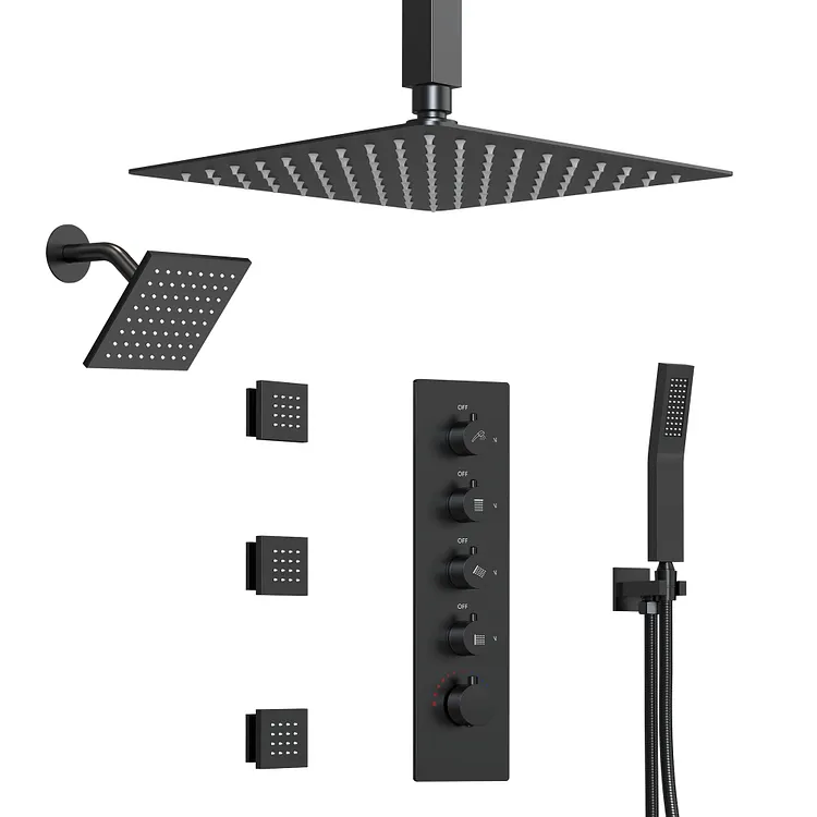 EVERSTEIN 4-in-1 Dual Shower Head Thermostatic Shower System Matte Black SFS-1063-BK