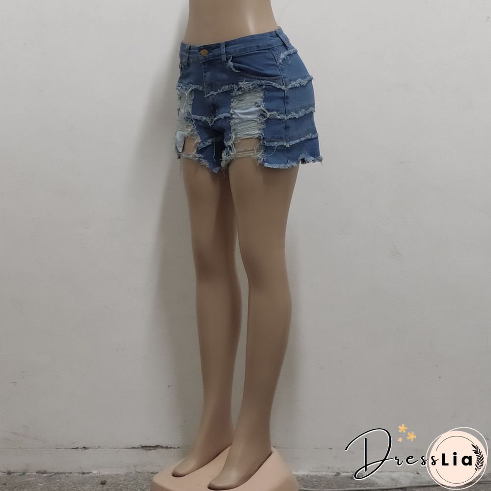 Summer Sexy Patchwork Women Ripped High Waist Holes Stretch Streetwear Plus Size Denim Shorts