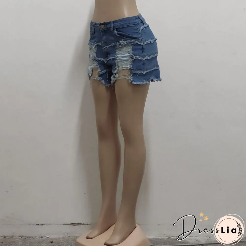Summer Sexy Patchwork Women Ripped High Waist Holes Stretch Streetwear Plus Size Denim Shorts
