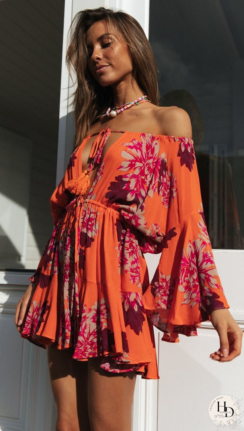 Carrot Floral Off Shoulder Withdraw Rompers