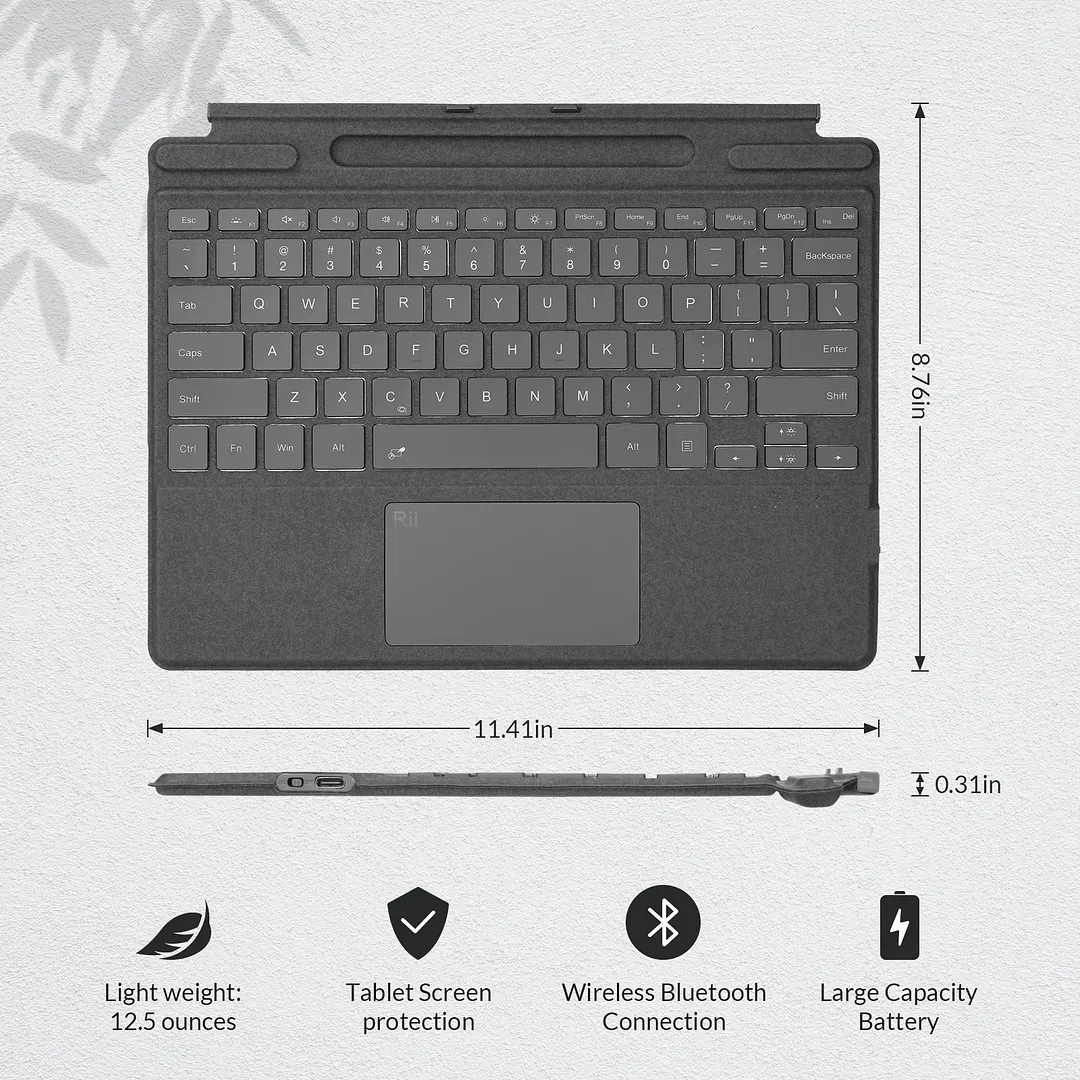 Rii SF108 Surface Pro Type Cover, Bluetooth Wireless Keyboard  Compatible Microsoft Surface Pro 8/9/x Only
