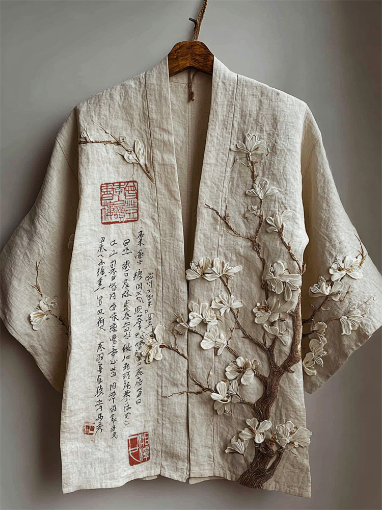 Japanese Almond Blossom Calligraphy Linen Kimono Cardigan