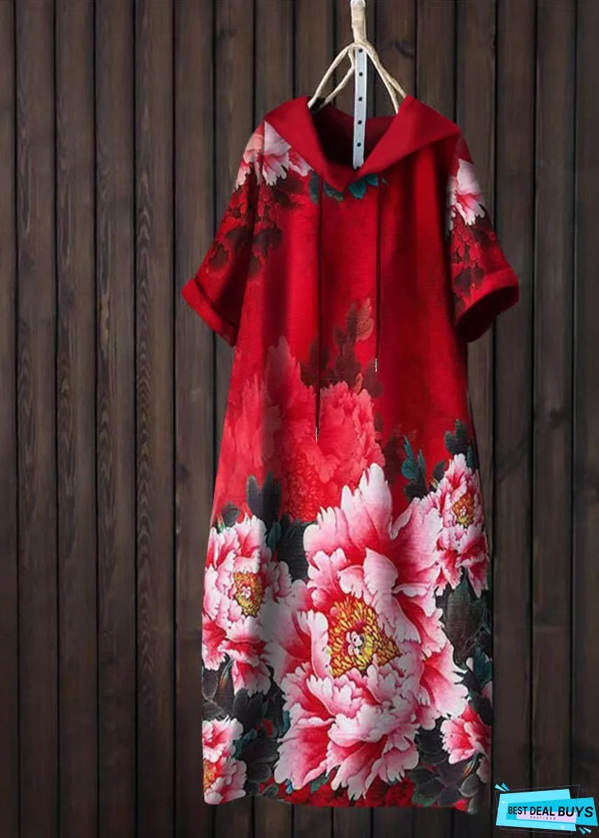 Women Yellow Hooded Print Patchwork Cotton T Shirt Dress Summer