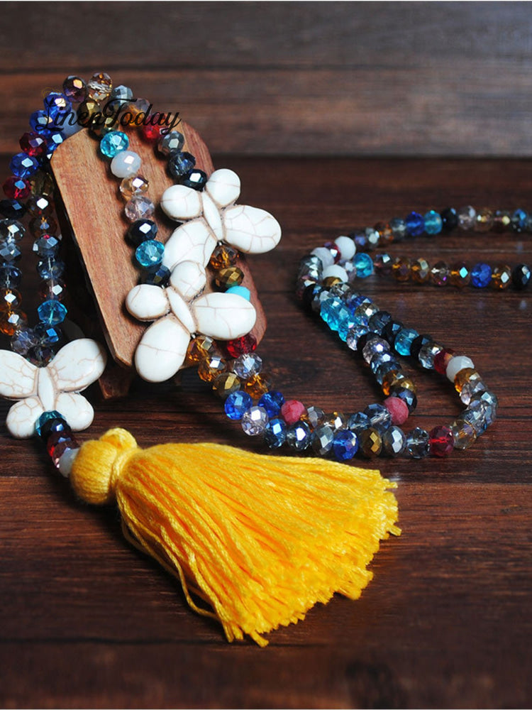 Vintage Casual Crystal Tassel Turquoise Necklaces Yellow Accessories