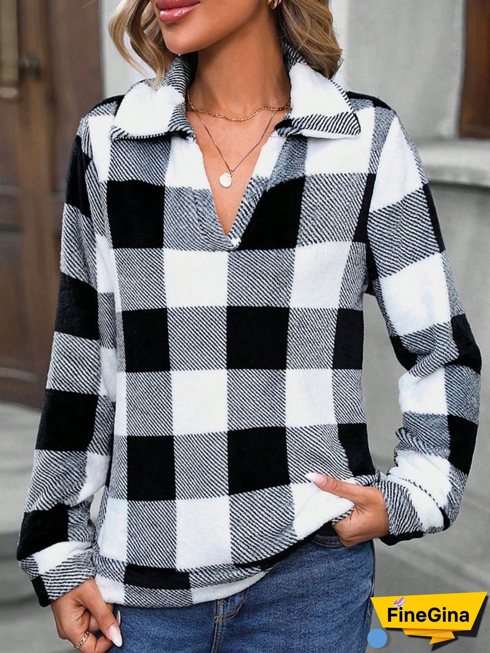 Grey Long Sleeve Plaid Top
