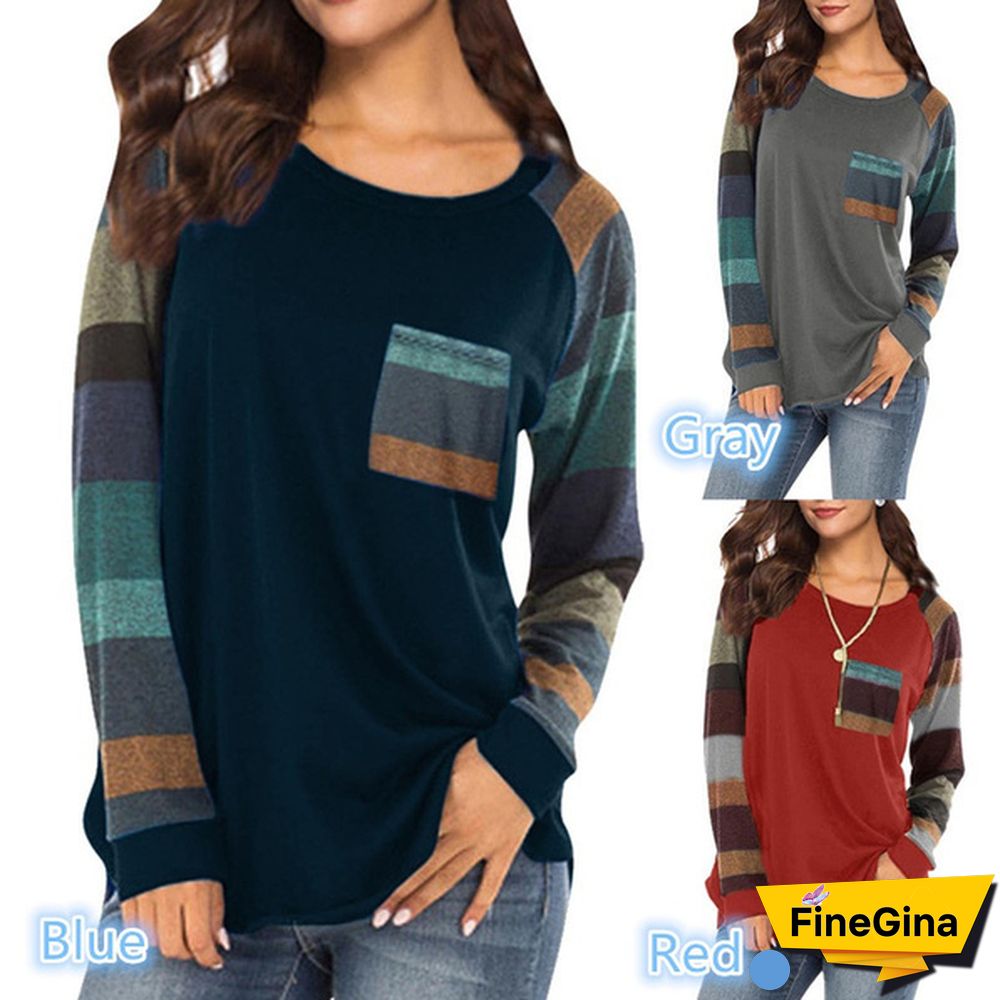 Women Spring-Autumn Stripe Sleeve Patchwork Casual Top T-Shirt Loose Long Sleeve Blouse S-XXL