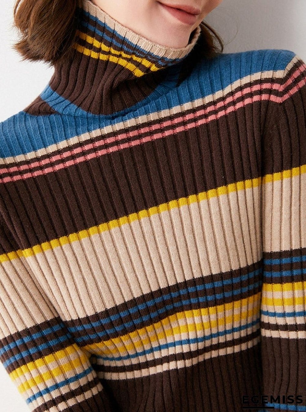 Fall/Winter Turtleneck Color Striped Slim-fit Knit Sweater | EGEMISS