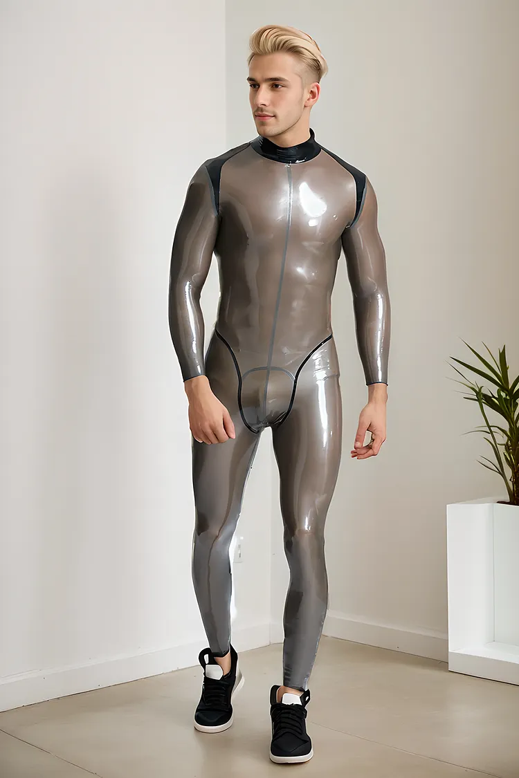 Men Latex Catsuits Male Platinium Latex Catsuit Metallic Platinum Color Translucent Sexy Male Appeal Catsuit  "Platinium" Men's Semi-Translucent