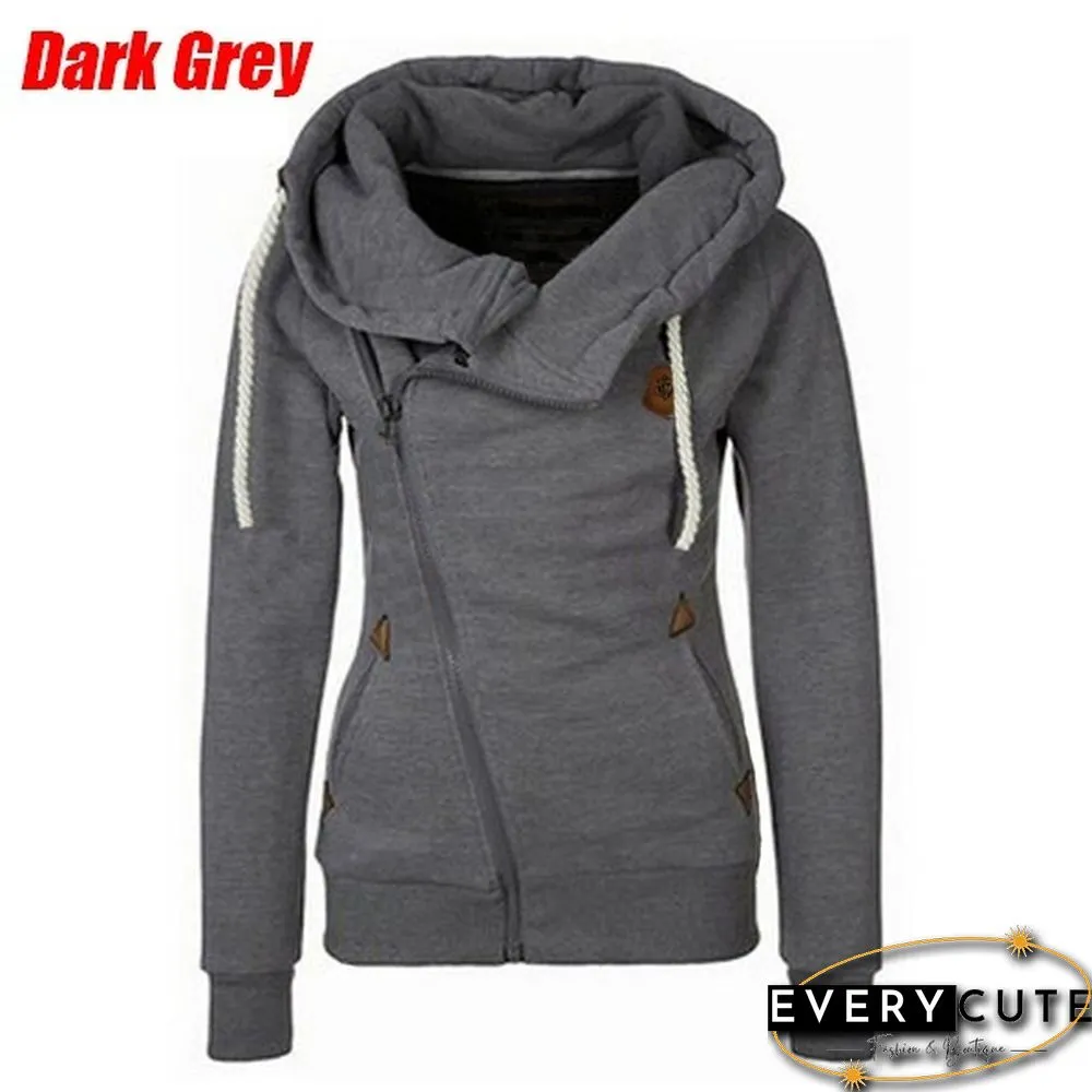 New Fashion Winter Woman Sports Personality Side Zipper Hooded Sweatshirt Candy Colored Sweater Coat