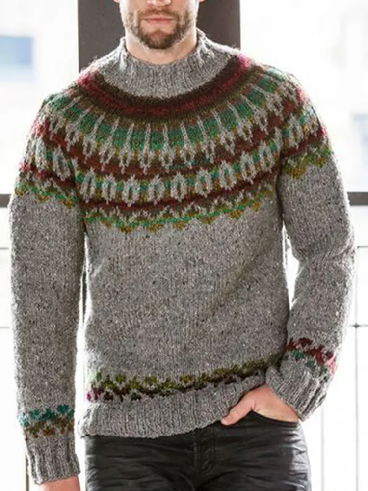 Vintage Royal Knit Jacquard Icelandic Crew Neck Sweater（Unisex）