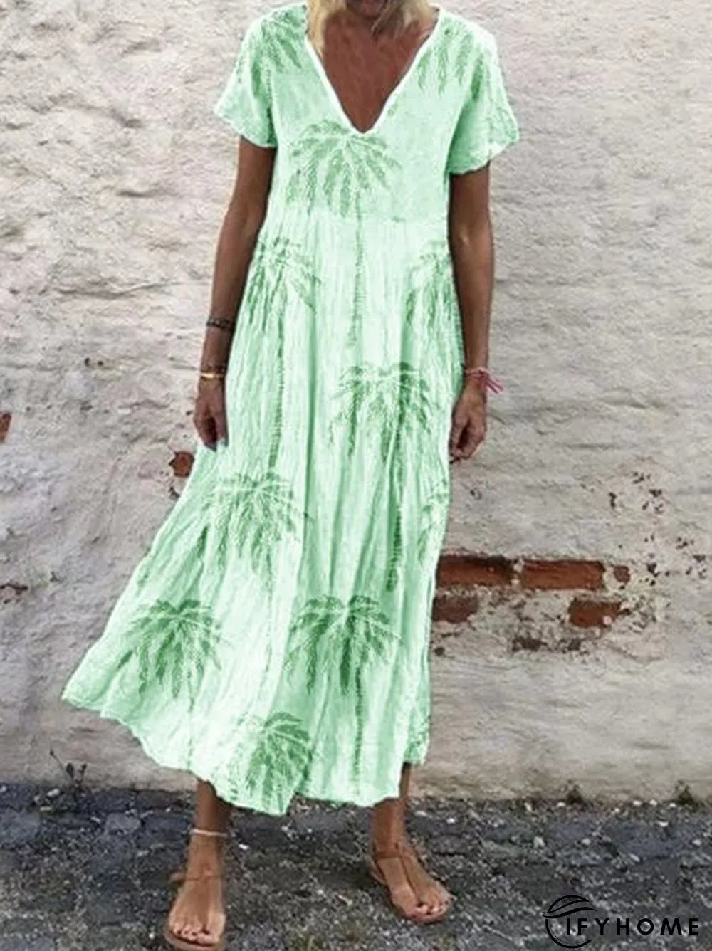 Women Short Sleeve V Neck Vintage Plant Floral Casual Weaving Dress | IFYHOME