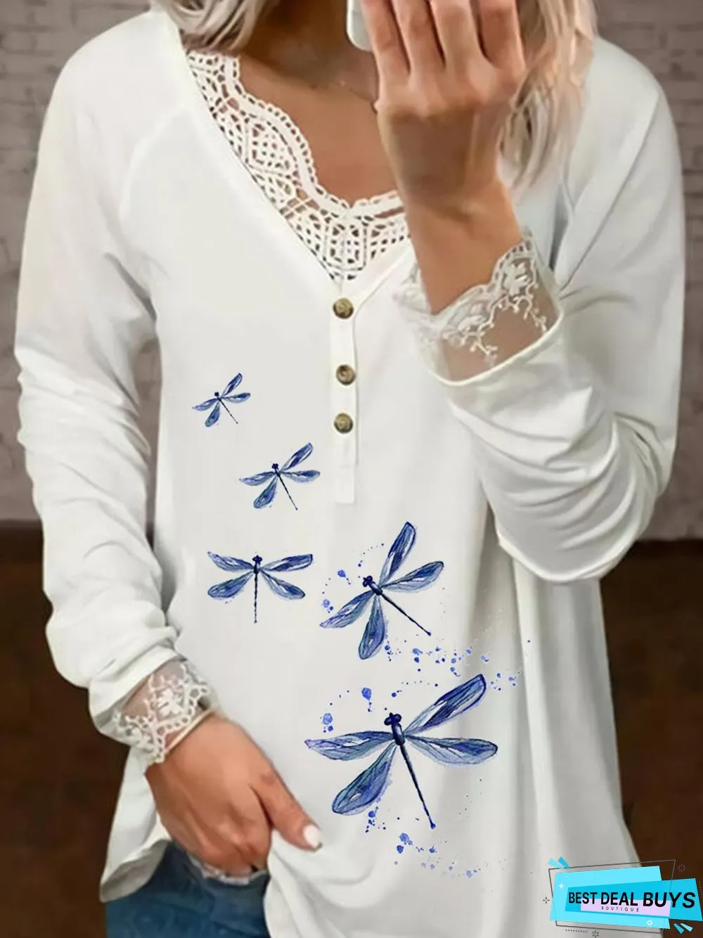 Loose V Neck Cotton Dragonfly Tunic Top