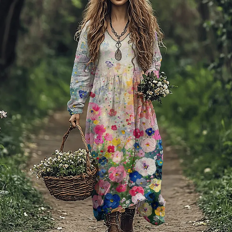 Women's Vintage Flowers Art Linen Blend Maxi Dress