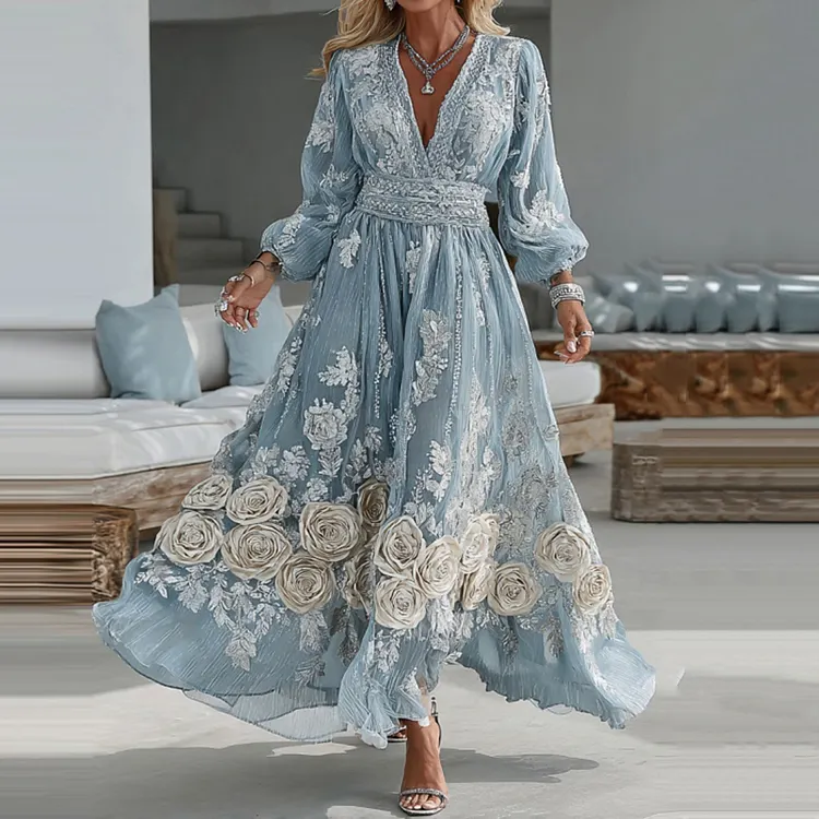 Women's Vintage Blue Rose Embroidery Long Sleeve Casual Maxi Dress