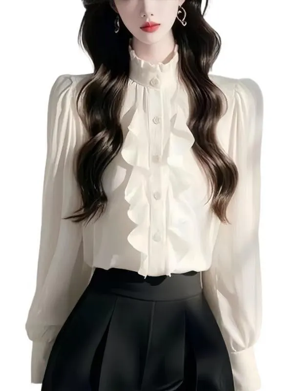 Athvotar Athvotar Chic Lace Splicing Long-Sleeved Shirt Early Spring Super Good Single-Dnecked Shirt Temperament Blouse Women's Clothing