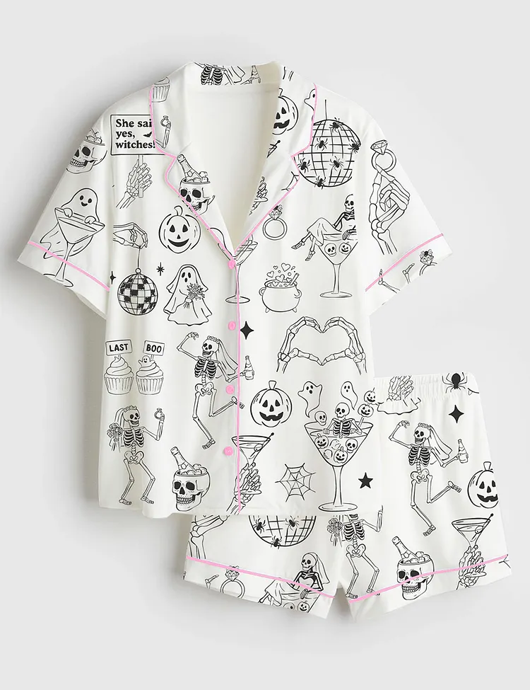 Women&rsquo;s Halloween Spooky Bachelorette Til Death Do Us Whimsical Wedding Party Print Short Sleeve Satin Pajama Set