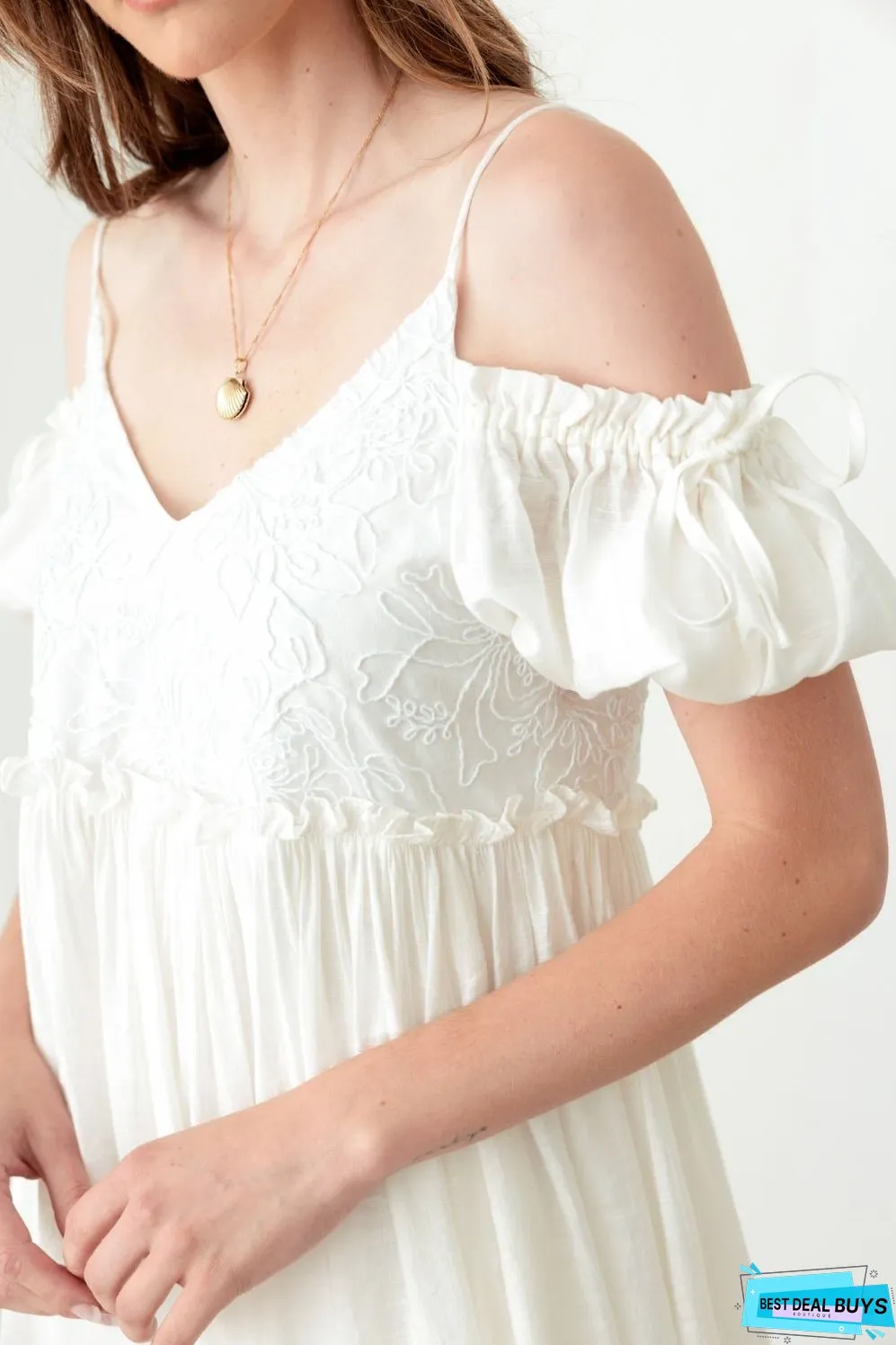 Mustard Seed Embroidered Floral Shirred Cold Shoulder Mini Dress