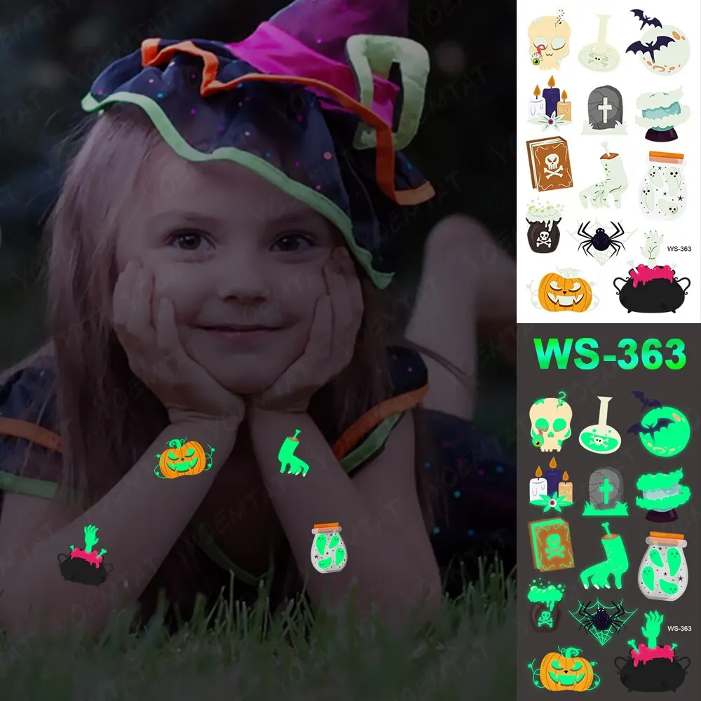 Sdrawing Temporary Luminous Tattoo Sticker Waterproof Pumpkin Skull Tatoo Arm Glowing Tattoos On Child Halloween Party Decor