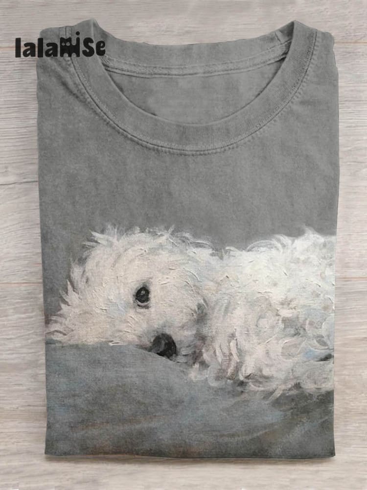 Cute Dog Art Print Casual T - Shirt Grey / S