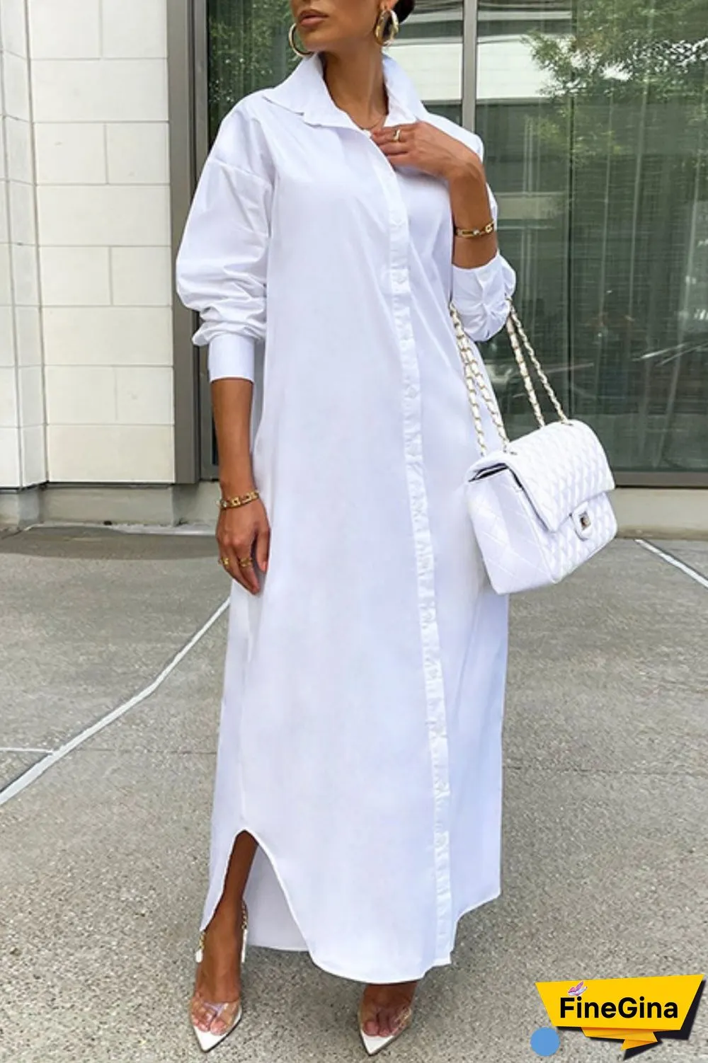 Grey Casual Solid Patchwork Shirt Collar Shirt Dress Dresses