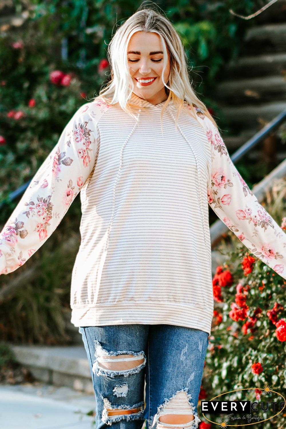 Plus Size Floral Raglan Sleeve Striped Hoodie