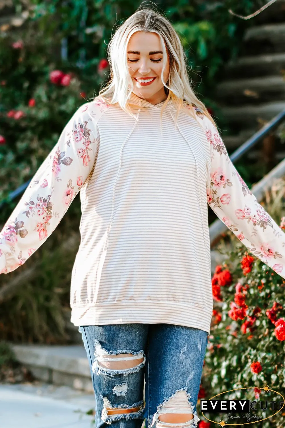 Plus Size Floral Raglan Sleeve Striped Hoodie