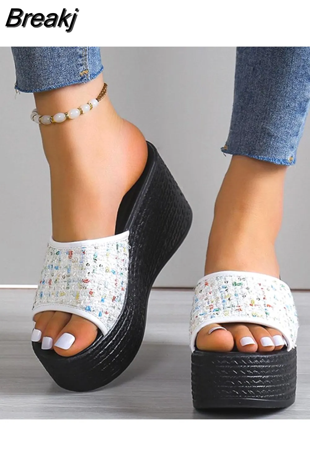 Breakj Wedge High Heeled Women Sandals New Arrived 2023 Bling Sequin Lady Slipper Peep Toe Comfort Walk Causal Sandals Plus Size