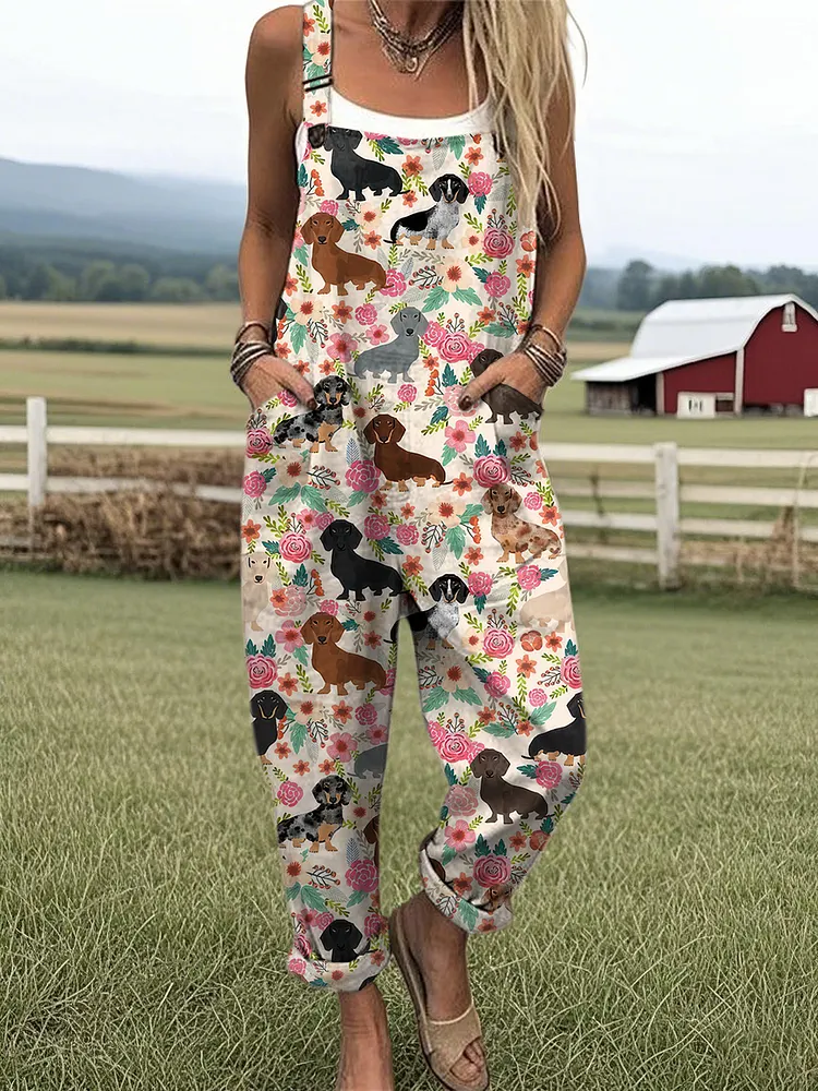 Women's Cute Dachshund And Floral Pattern Casual Wide Leg Jumpsuit