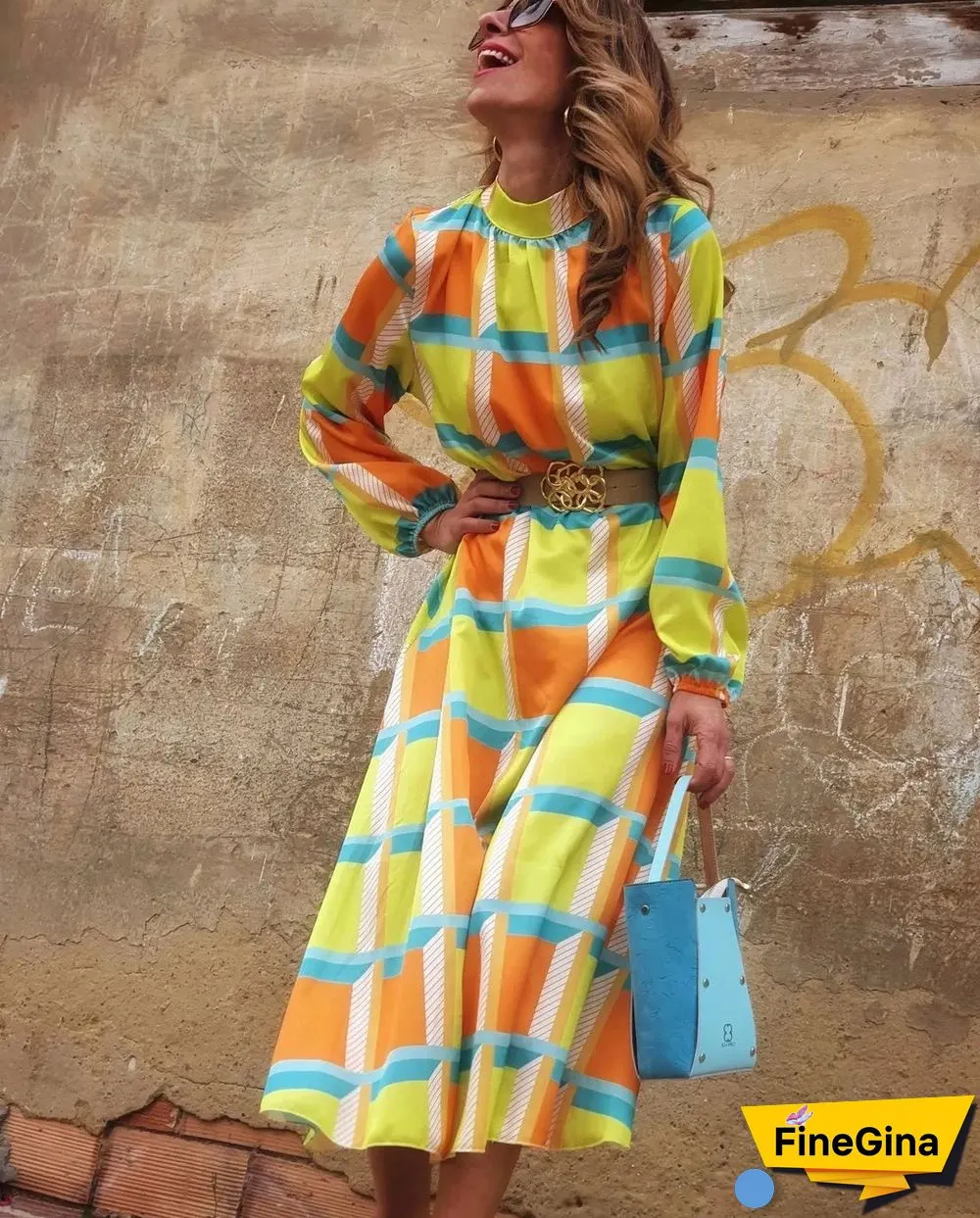 Sleeve Print Waist A-shaped Dress Plus Size Ladies Dress