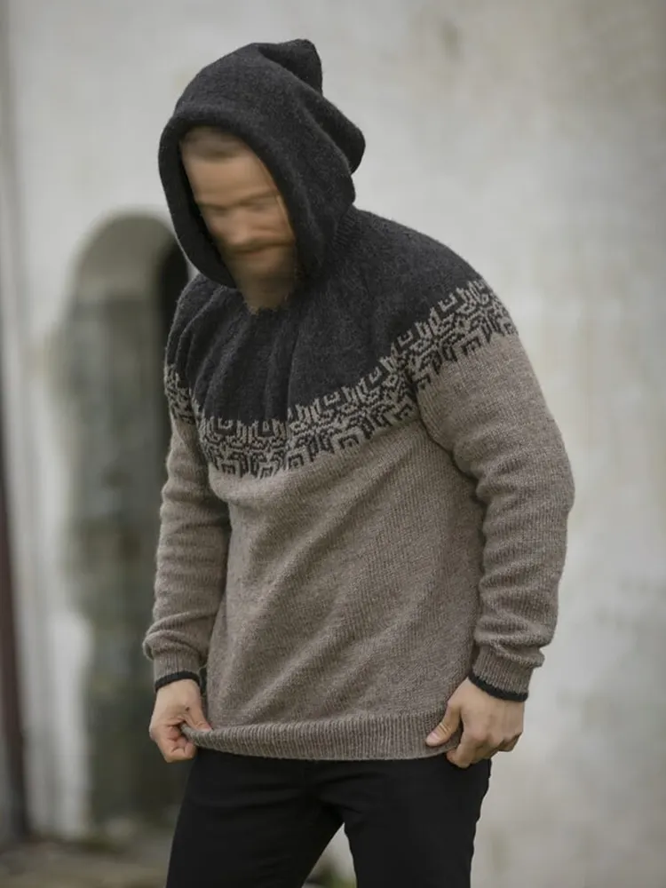 Vintage Contrasting Pattern Knitted Icelandic Hooded Sweater