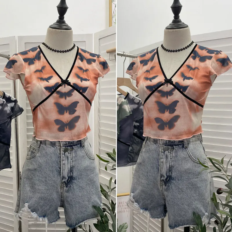 Churchf Sexy Hottie V-Neck Butterfly Print Short-Sleeved T-Shirt Slime Short-Navel Net T-Shirt Girl 9920