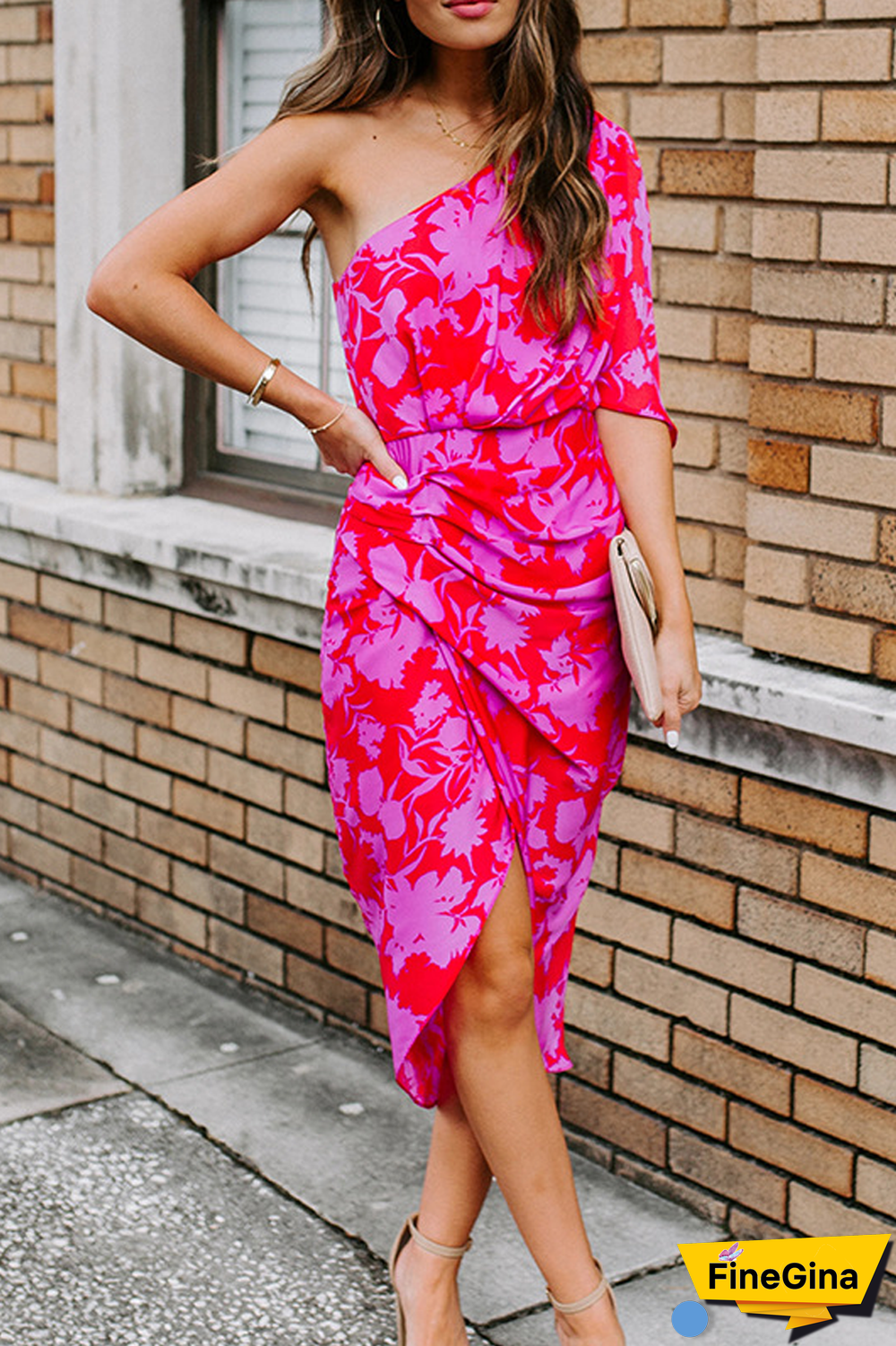 KarliDress Floral Print One Shoulder Irregular Hem Midi Dress P12534