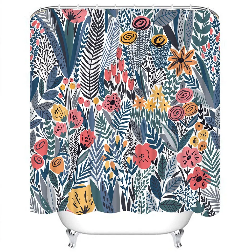 Abstract Floral Shower Curtain Bathroom Tropical Green Leaves Bath Shower Curtain With Hooks Waterproof Bathroom Shower Curtain